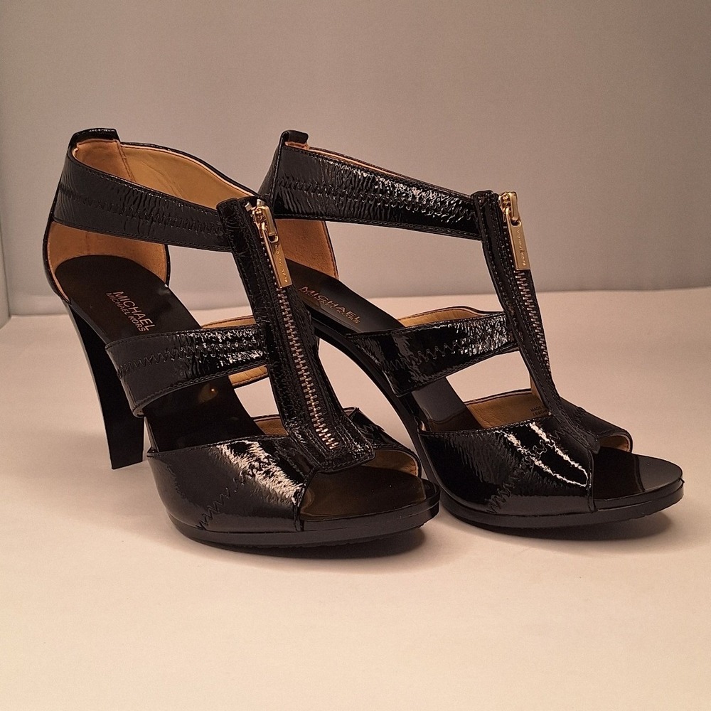 Michael Kors Black Patent Leather T-Strap Cage Heels Front Zip Stiletto Sandals - Picture 2 of 10